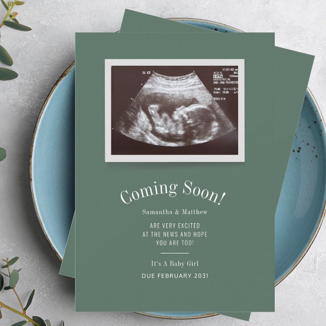 Bébé Bientôt Ultrasons Grossesse Faire-part (Pregnancy Announcement Sonogram Baby Scan Green Custom Photo Card)