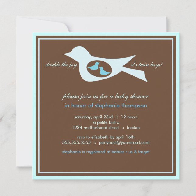 Bébé Birdie Twin Boys Baby shower Bleu Invitation (Devant)