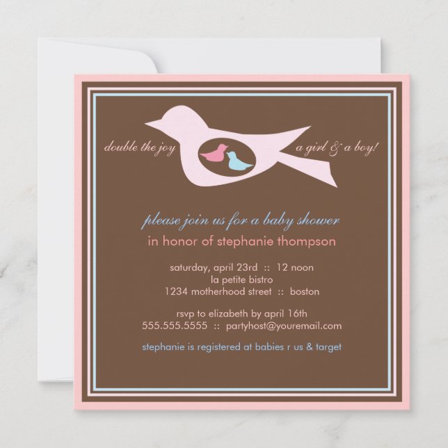 Bébé Birdie Twins Pink Blue Baby shower Invitation (Devant)