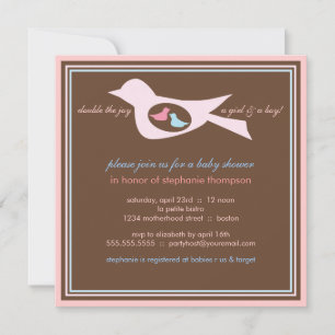 Bébé Birdie Twins Pink Blue Baby shower Invitation