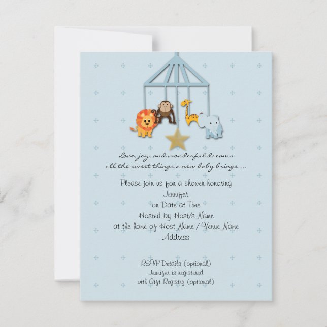 Bébé bleu animal mobile Baby shower Invitation (Devant)