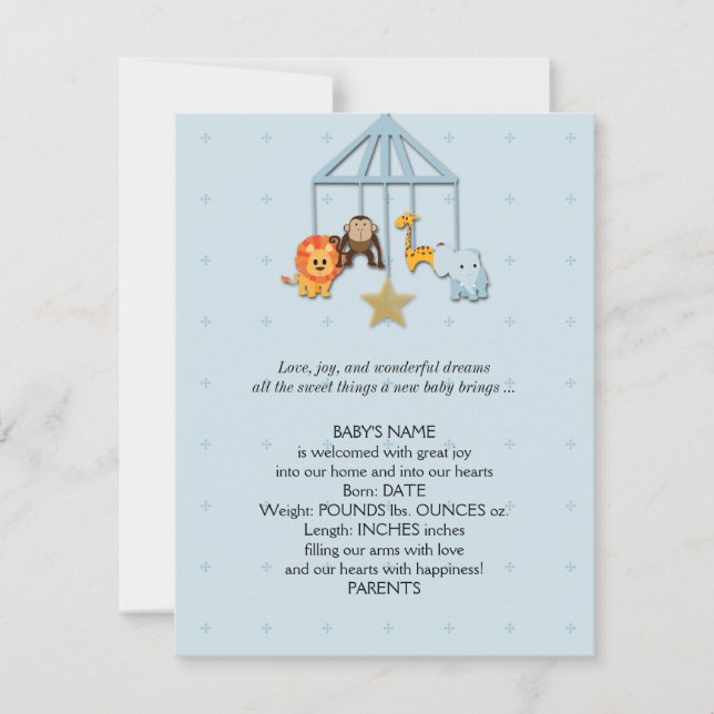 Bébé bleu animal mobile Faire-part bébé (Devant)