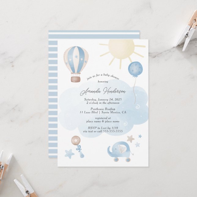 Bébé bleu Baby shower garçon Invitation (Devant/Arrière en situation)