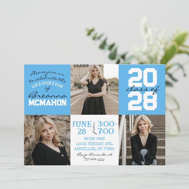 Bébé Bleu & Blanc 3 Photo Graduation Invitation (Créateur téléchargé)