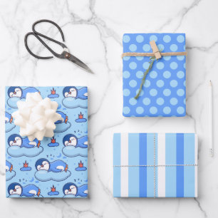 Bébé Bleu Dormir Pingouin Enveloppement Papier Ens