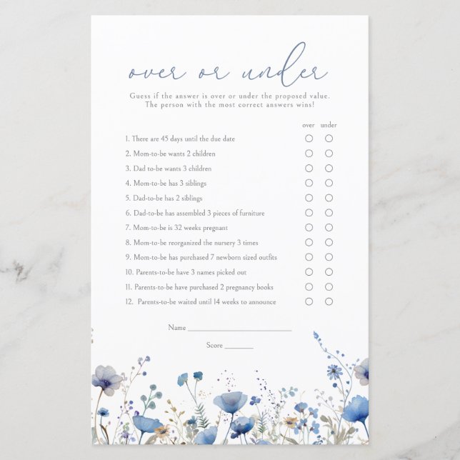 Bébé Bleu en Fleur Baby Shower Jeu Plus ou Moins (Devant)