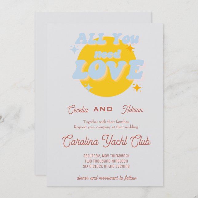 Bébé bleu et jaune Faire-part de mariage rétro (Devant / Derrière)