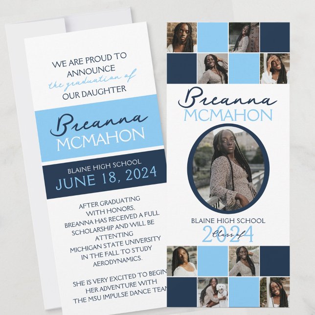 Bébé bleu et marine 9 Faire-part de diplôme photo (White, Light Blue and Navy Blue 9 Photo Formal Elegant Graduation Announcements)