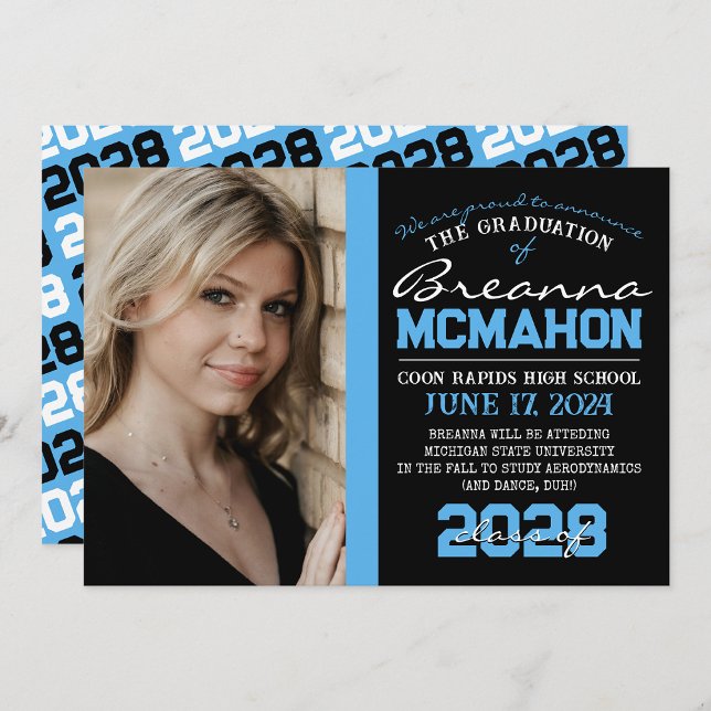 Bébé Bleu et noir Faire-part photo de graduation (Repeating Class Year 1 & 2 Photo Graduation Invitations & Announcements)