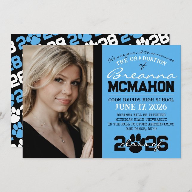 Bébé Bleu et Noir Pawprint Faire-part de graduatio (Repeating Class Year 1 & 2 Photo Graduation Invitations & Announcements (Paw Print Version))