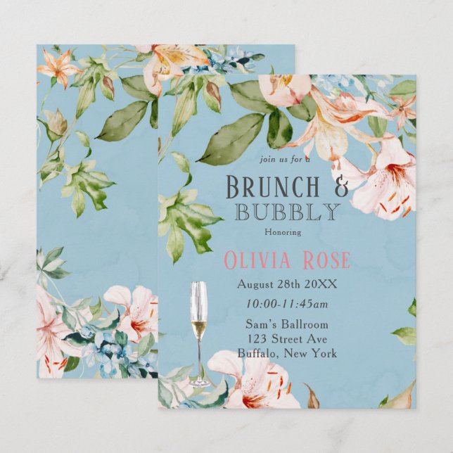 Bébé bleu et rose Lily Brunch & Bubbly Invitation (Devant / Derrière)