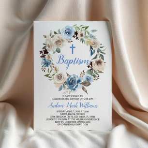 Bébé bleu Floral Boy Baptême Invitation
