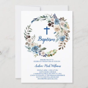 Bébé bleu Floral Boy Baptême Invitation