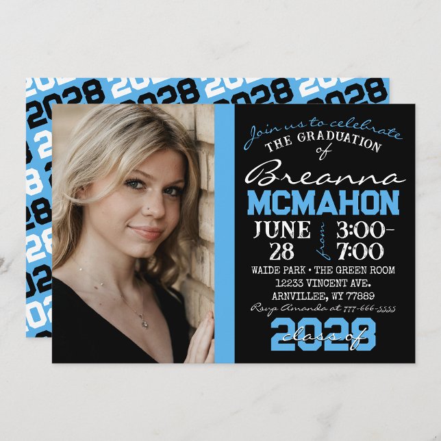 Bébé Bleu & Noir Graduation Photo Invitation (Repeating Class Year 1 & 2 Photo Graduation Invitations & Announcements)