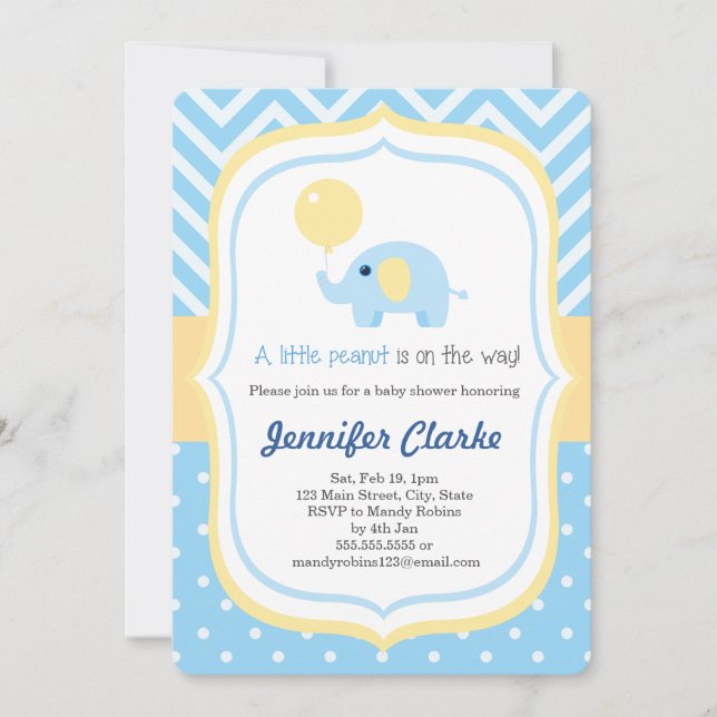 Bébé bleu petit éléphant Baby shower Invitation (Devant)
