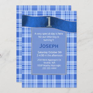 Bébé bleu Plaid Invitation d'anniversaire