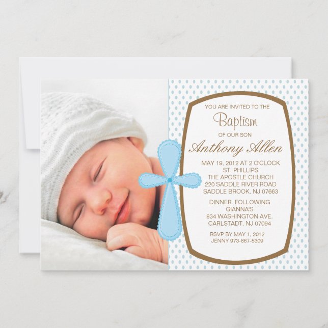 Bébé Blue Polka Dot Boys Photo Baptism Invitation (Devant)