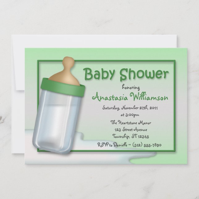 Bébé Bouteille Vert Bébé Douche Invitations (Devant)