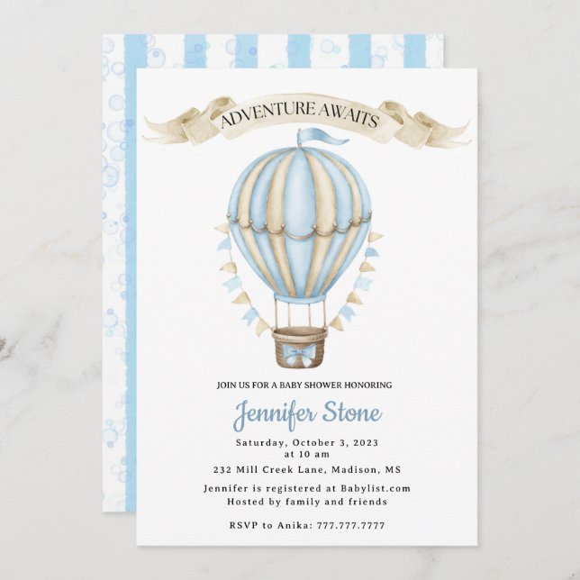 Bébé Boy Shower Invitation - Hot Air Balloon (Devant / Derrière)