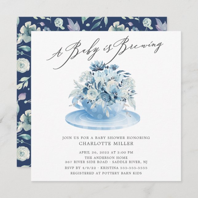 Bébé brasse Blue Floral Baby Tea Invitation (Devant / Derrière)