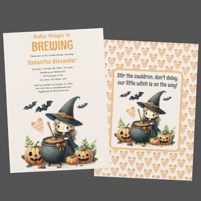 Bébé brasse Halloween baby shower Invitation (Baby Magic is Brewing Halloween baby shower invitation. Cute witch stirring cauldron. Halloween poem)