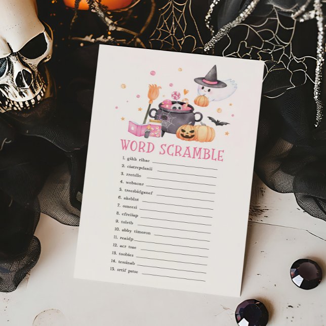 Bébé brasse rose Halloween jeu de mots (Baby is Brewing Baby Shower Word Scramble Game)