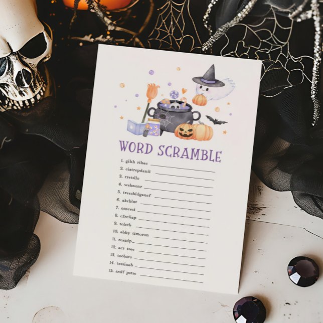 Bébé brasser violet Halloween jeu de mots (Baby is Brewing Baby Shower Word Scramble Game)
