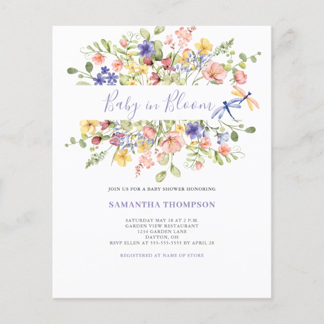 Bébé Budget En Fleur Rose Floral Douche Invitation (Devant)