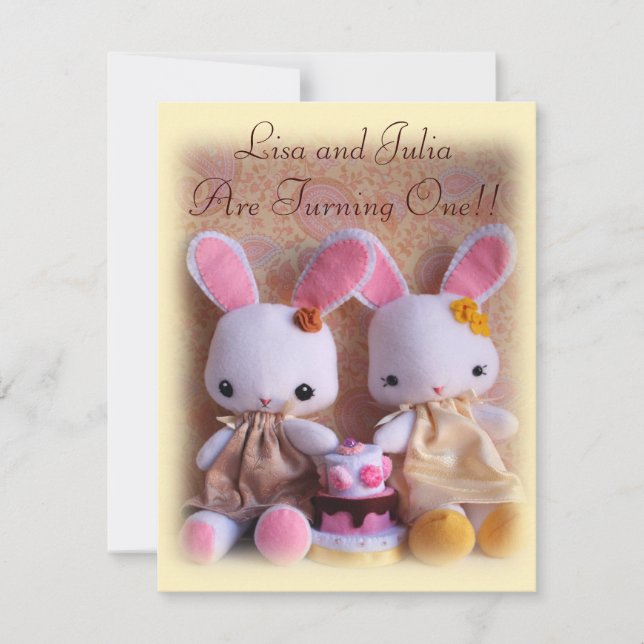 Bébé Bunnies Élégantes Jumelles Invitations d'anni (Devant)