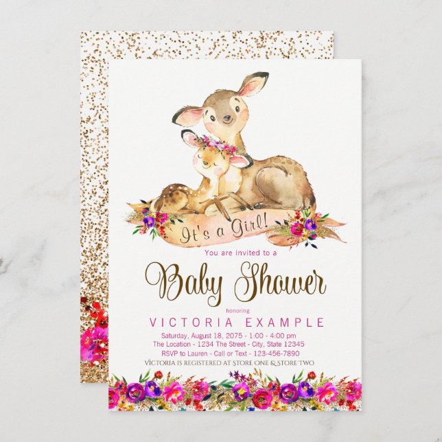 Bébé cerf fille douche Invitations (Devant / Derrière)