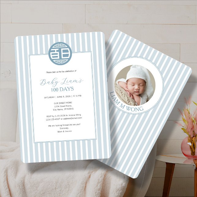 Bébé Chinois 100 Jours Invitation Bleue 百日 (Créateur téléchargé)