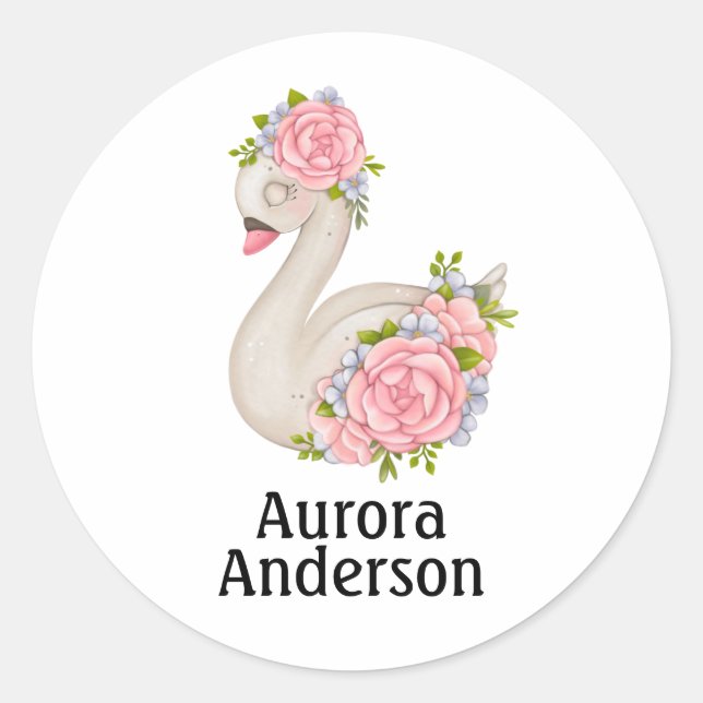 Bébé Cygne Mignon avec des Roses  Autocollant Rond (Devant)