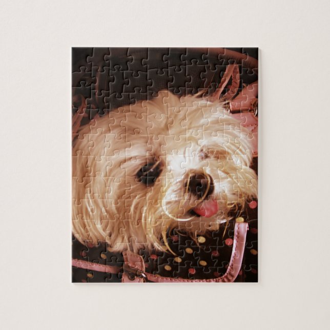 Bébé dans un sac Maltais Chiot Jugée Puzzle Puzzle (Vertical)