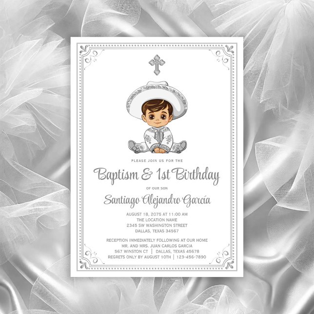 Bébé d'argent Charro Baptême & Invitation d'annive (Baby charro invitation, you can change all text, move/remove baby, move/remove cross as needed.)