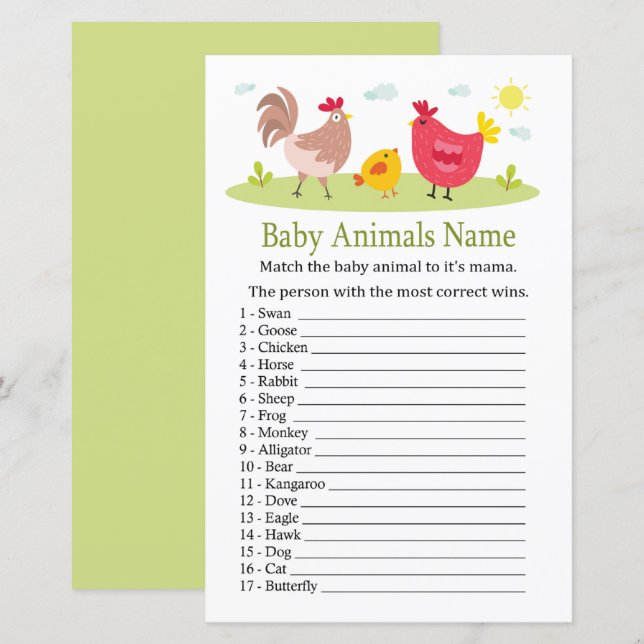 Bébé de poulet Animaux Nom Jeu (Devant / Derrière)