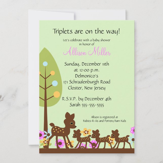 Bébé Deer TRIPLETS Baby shower Invitation (Devant)