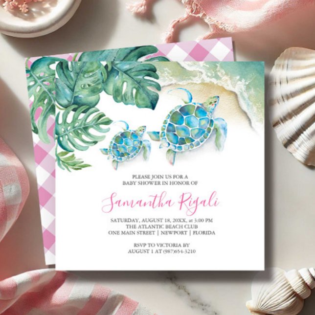 Bébé Douche Invitations Tropical Aquarelle (Girl baby shower invitations for sip and see features tropical sea turtle art Victoria Grigaliunas)