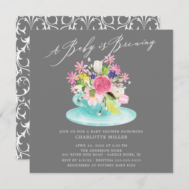 Bébé doux brasser Floral Baby Tea Invitation (Devant / Derrière)
