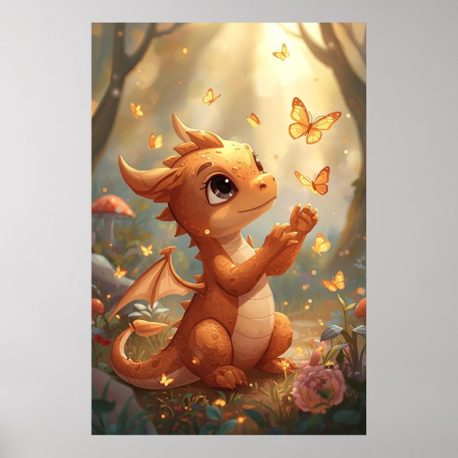 Bébé dragon mignon avec papillons décoration mural (Devant)