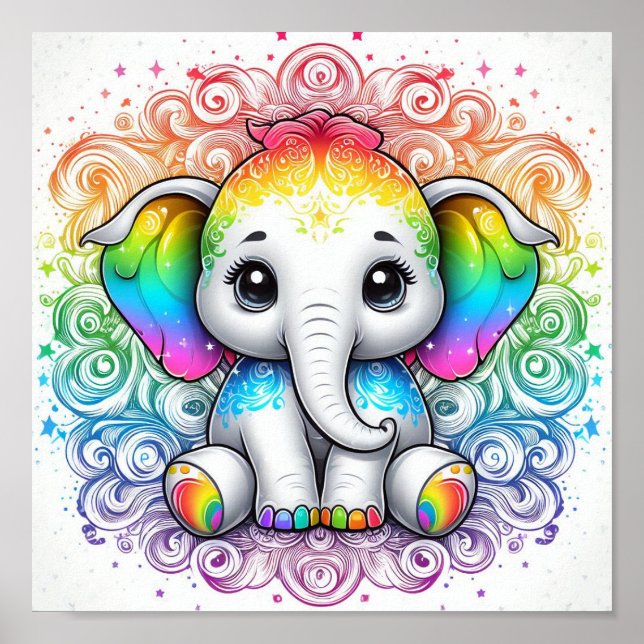 Bébé éléphant arc-en-ciel petite affiche (Devant)