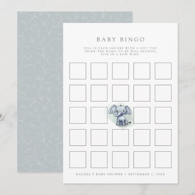 bébé éléphant assis baby shower de bingo carte de  (Devant / Derrière)