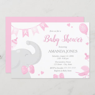 Bébé Eléphant Baby shower Fille Invitations