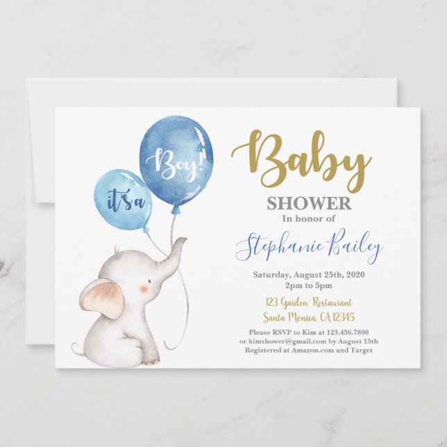Bébé éléphant Baby shower garçon Invitation (Devant)
