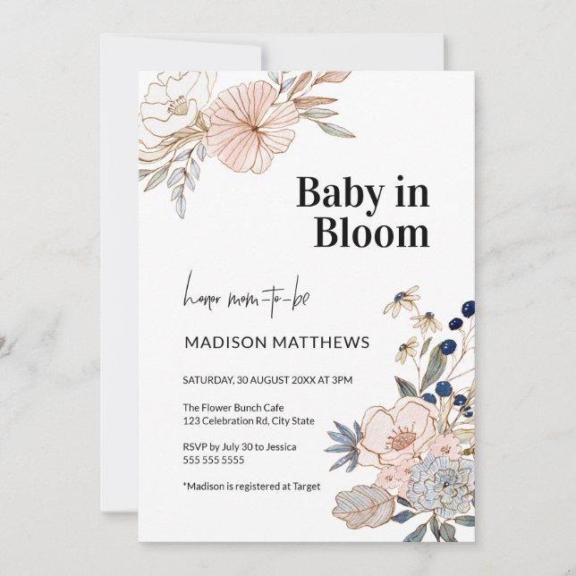 Bébé en fleur Baby shower floral Invitation (Devant)
