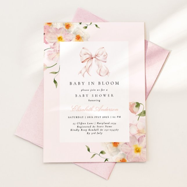 Bébé En Fleur Bow Soft Rose Baby shower Invitation (Créateur téléchargé)