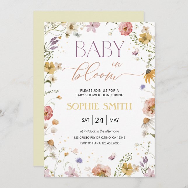Bébé En Fleur Fille Baby shower Invitation (Devant / Derrière)