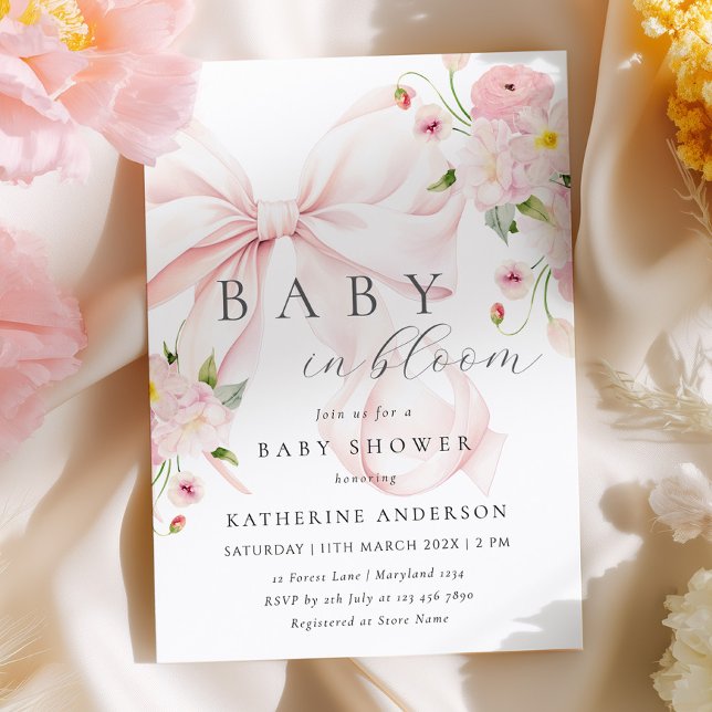 Bébé En Fleur Pink Bow Baby shower Invitation (Créateur téléchargé)