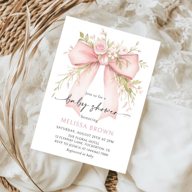 Bébé En Fleur Pink Bow Baby shower Invitation (Créateur téléchargé)