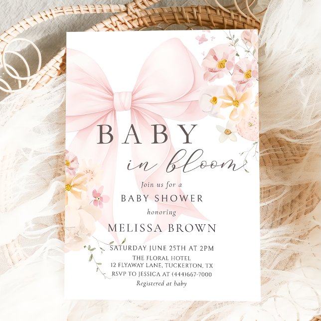 Bébé En Fleur Pink Bow Baby shower Invitation (Créateur téléchargé)