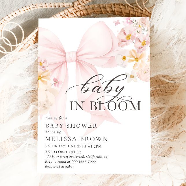 Bébé En Fleur Pink Bow Baby shower Invitation (Créateur téléchargé)
